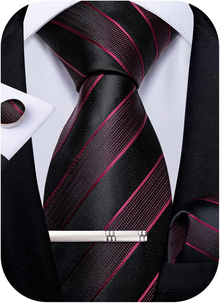 DiBanGu Mens Striped Tie Silk Woven Necktie and Pocket Square Cufflinks Tie Clip Set Wedding Business Formal Gift Tie for Men - Image 1